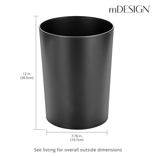 mDesign Stainless Steel Round Metal Trash Can, Small 2.8 Gallon Wastebasket, Garbage Bin for Bathroom, Bedroom, Kitchen, or Home Office, Holds Waste and Recycle, Matte Black
