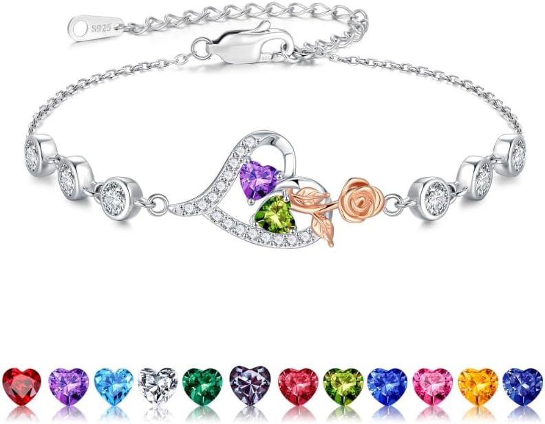 Iefil Valentines Day Gifts for Her - 925 Sterling Silver Rose Heart Birthstone Bracelets, Anniversary Birthday Gifts for Women Wife Mom Daughter, 6"+2"