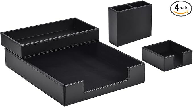 4 Pack Leather Office Supplies/Desk Organizer for Letter Paper Tray,Sticky Note Holder,Pen Cup,Stackable Small Letter Mail Sorter Tray,Workspace Decor for Women Men (Black, 4-piece set)