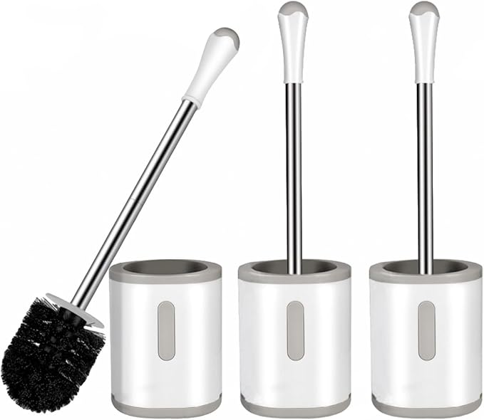 Toilet Brush and Holder Set, 3 Pack with Stainless Steel Handle Toilet Bowl Brush, Compact Toilet Scrubber Brush for Deep Cleaning Bathroom Restroom, Easy to Assemble White & Gray
