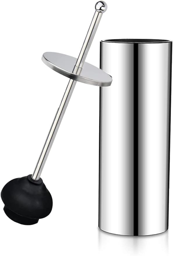 Chrome Toilet Plunger with Holder Bathroom Metal Canister Holder Drip Cup, Heavy Duty, Deep Cleaning Silver