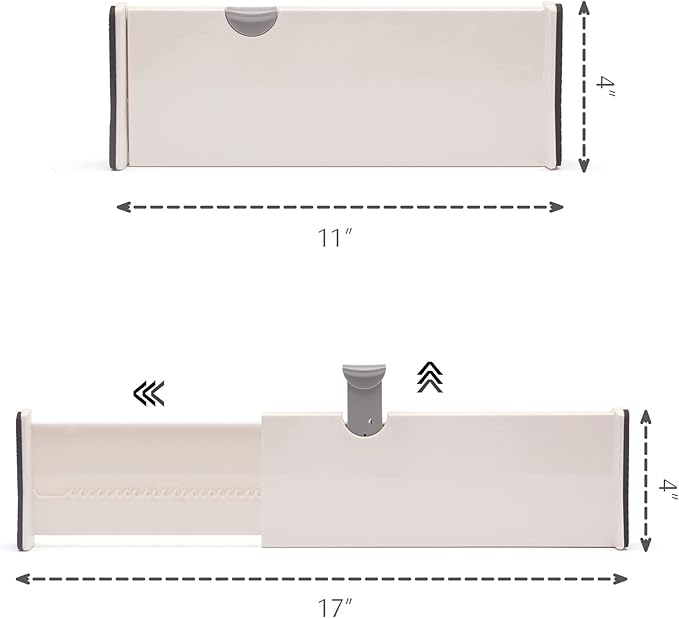 DIOMMELL 12 Pack Adjustable Plastic Drawer Dividers, White, 4"H x 11"-17"L, Expandable Organizers for Kitchen, Bedroom, Closet, Bathroom & Office Drawers