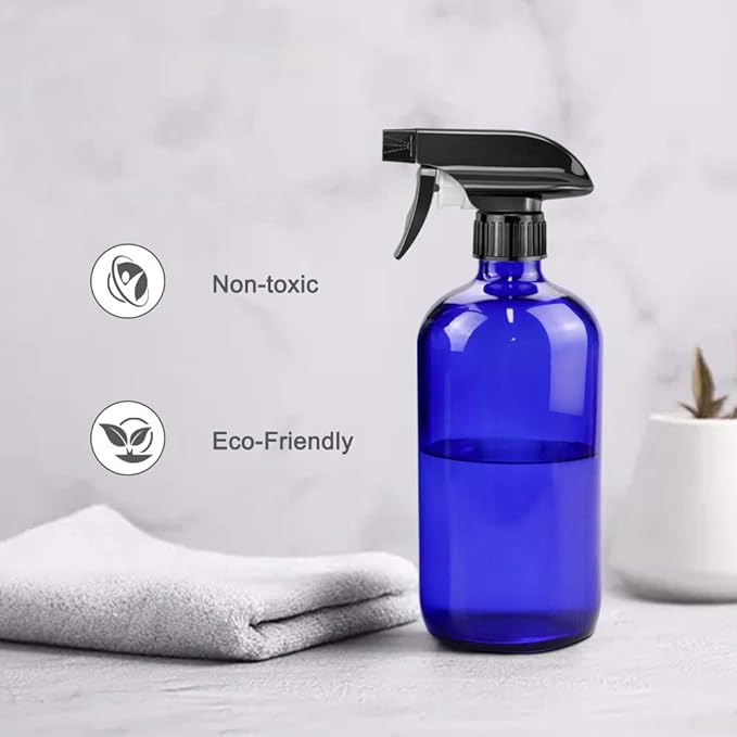 Glass Spray Bottles, 16oz Blue Glass Spray Bottles with Labels & Adjustable Nozzle, Reusable Containers for Cleaning, BBQ, Food, Plants, Alcohol, Essential Oils(3 Pack)
