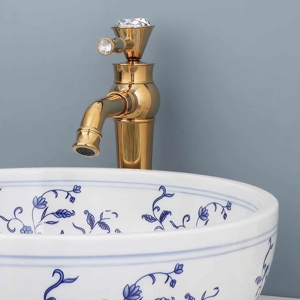 OUBONI 16 Inch Bathroom Vessel Sink, Blue and White Porcelain Ceramic Vessel Sink with Gold Faucet and Pop-up Drain Combo, Round Ceramic Bathroom Sink with Flower, Artistic Sink Bowl Above Counter