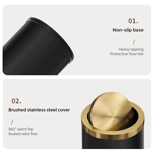 9L / 2.4 Gallon Black Metal Trash can with Lid, Fingerprint-Proof Garbage Can with Removable Inner, Metallic Gold Wastebasket for Bathroom,Bedroom,Dorm,Office,Hotel (Black Double Layers)