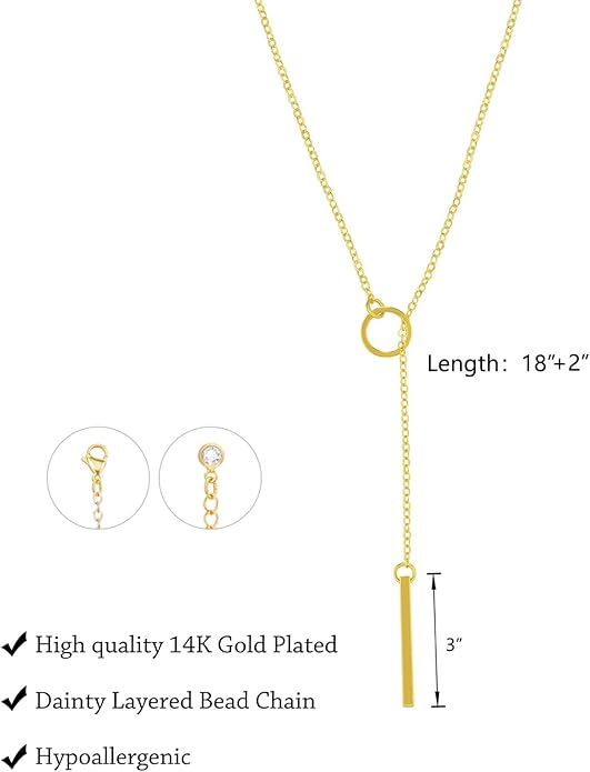 Gold Necklace for Women Trendy Lariat Y Necklace Dainty 14k Gold Plated/Silver Long Necklaces for Women Layered Beaded Drop Necklaces Simple Y-Shaped Chain Jewelry Gifts