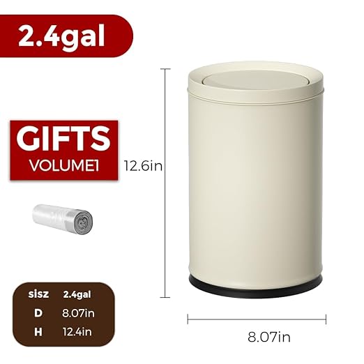 2.4GAL Off White Metal Garbage Can, Double-Layer with Inner Layer,Small Bathroom Trash Can with FILP Lid for Bedroom,Office,Hotel,Bank