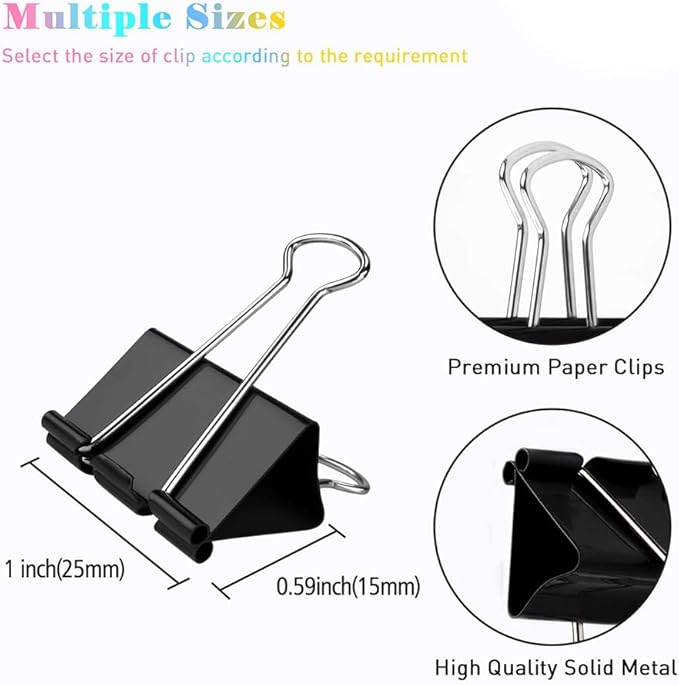 Medium Binder Clips, 144 Pack, 1 Inch, Standard 25mm, Black, Capacity 0.47 Inch, Metal Paper Clips, Fold Clamp, Office Clips, School & Home Use