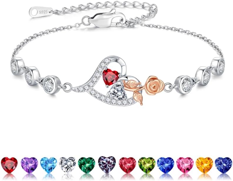 Iefil Valentines Day Gifts for Her - 925 Sterling Silver Rose Heart Birthstone Bracelets, Anniversary Birthday Gifts for Women Wife Mom Daughter, 6"+2"