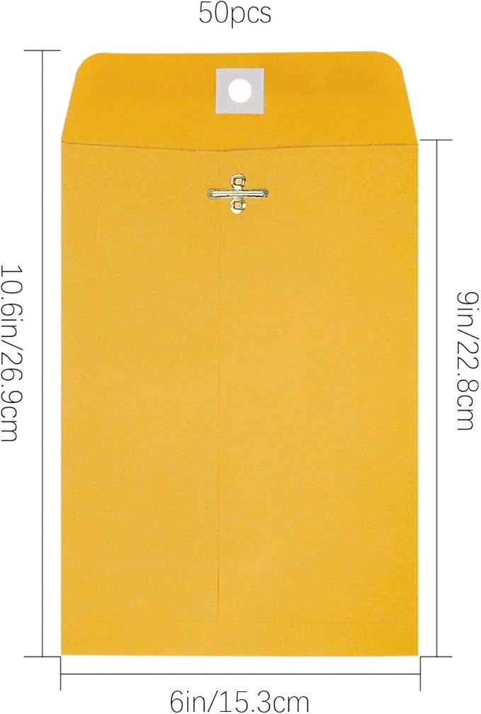 6” x 9” Clasp Envelopes with Gummed Seal Brown Kraft Catalog Envelopes Clasp Mailing Envelopes for Home, Office, Business 28 lb Kraft Paper,Pack of 50
