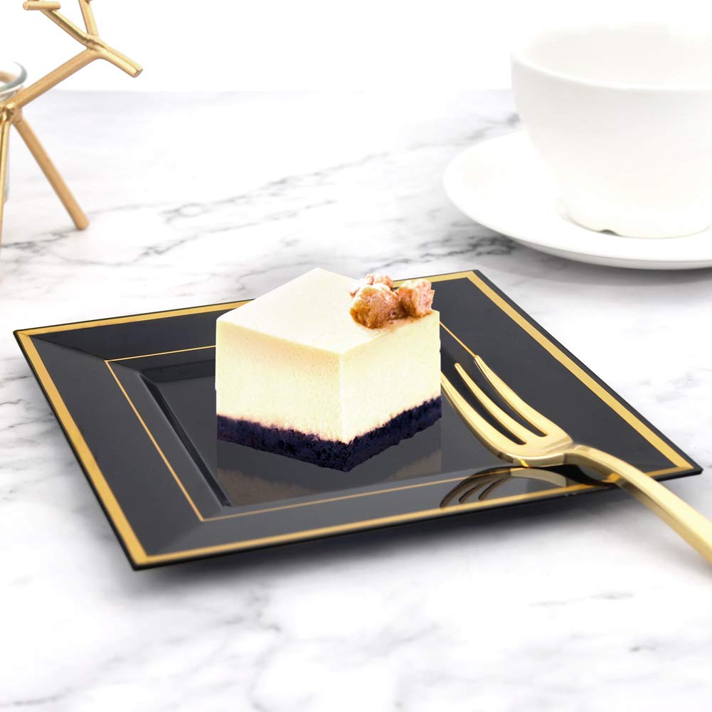 bUCLA 100PCS Black Square Plastic Plates with Gold Rim - 6 inch Disposable Dessert/Appetizer/Small Cake Plates for Party, Graduation & New Year