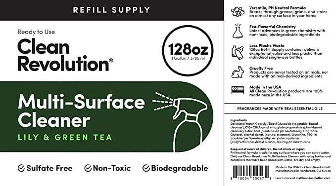 Clean Revolution Multi Surface Cleaner Refill Supply, Non-Toxic, Eco-Friendly & Plant-Based, Ready to Use, Lily & Green Tea, 128 Fl Oz (Pack of 4)