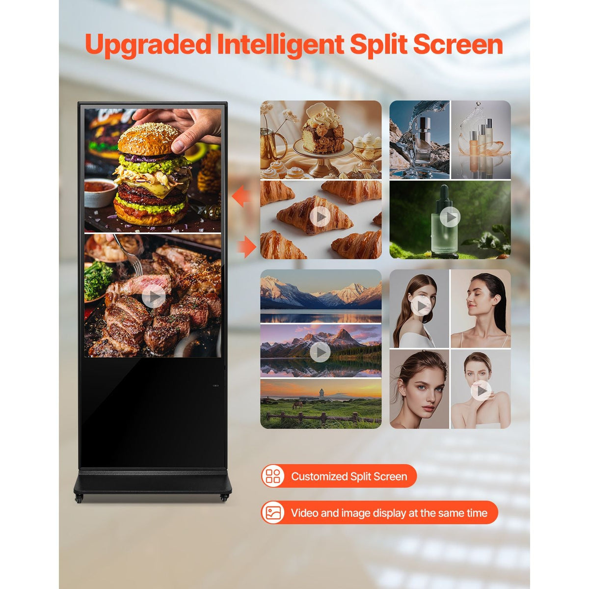 55 Inch Digital Signage Display, Touchscreen Digital Kiosk, Indoor Floor Standing Kiosk Display, 4K UHD LCD Screen, 2GB RAM & 32GB ROM, with WiFi HDMI/USB Input, Commercial Advertising Display
