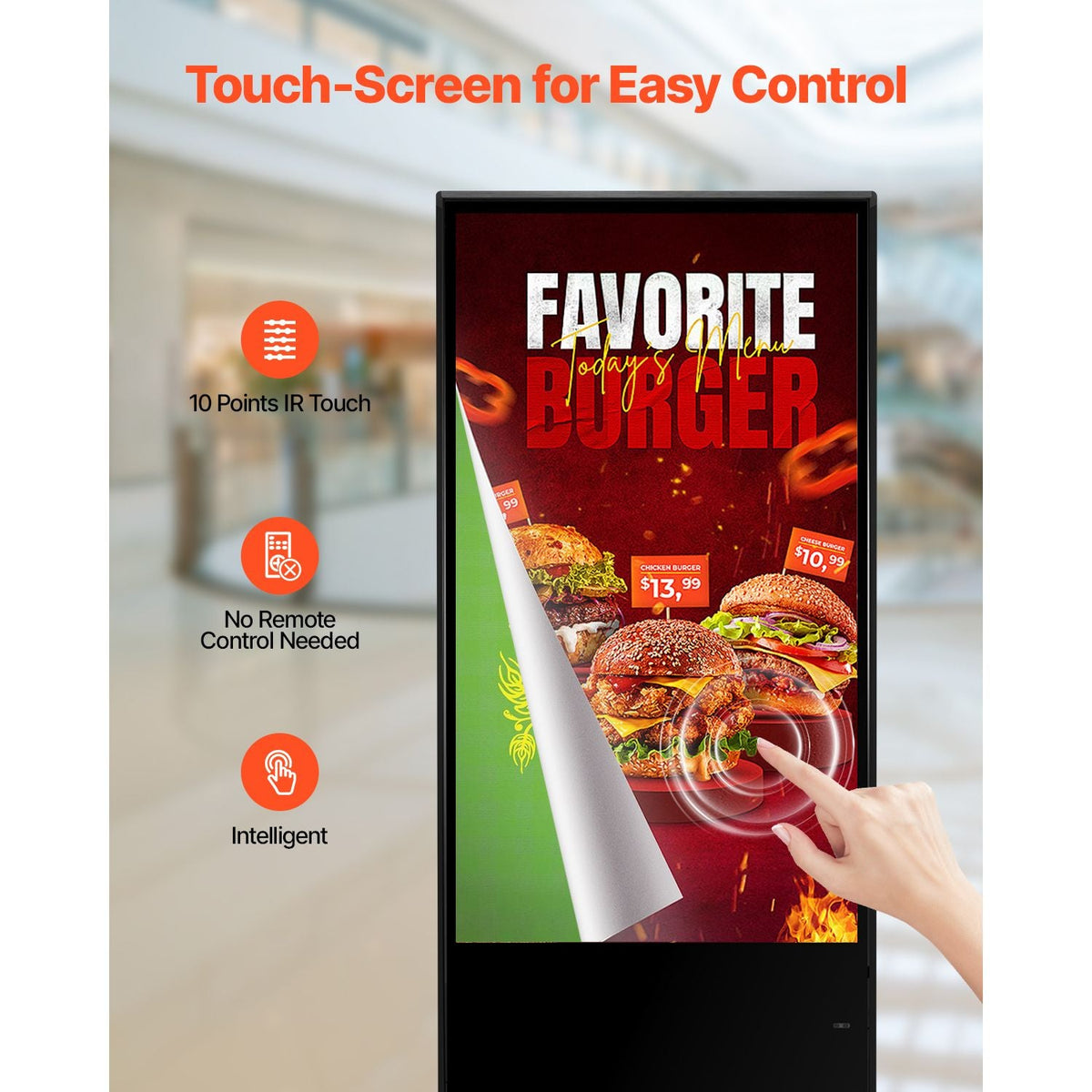 55 Inch Digital Signage Display, Touchscreen Digital Kiosk, Indoor Floor Standing Kiosk Display, 4K UHD LCD Screen, 2GB RAM & 32GB ROM, with WiFi HDMI/USB Input, Commercial Advertising Display