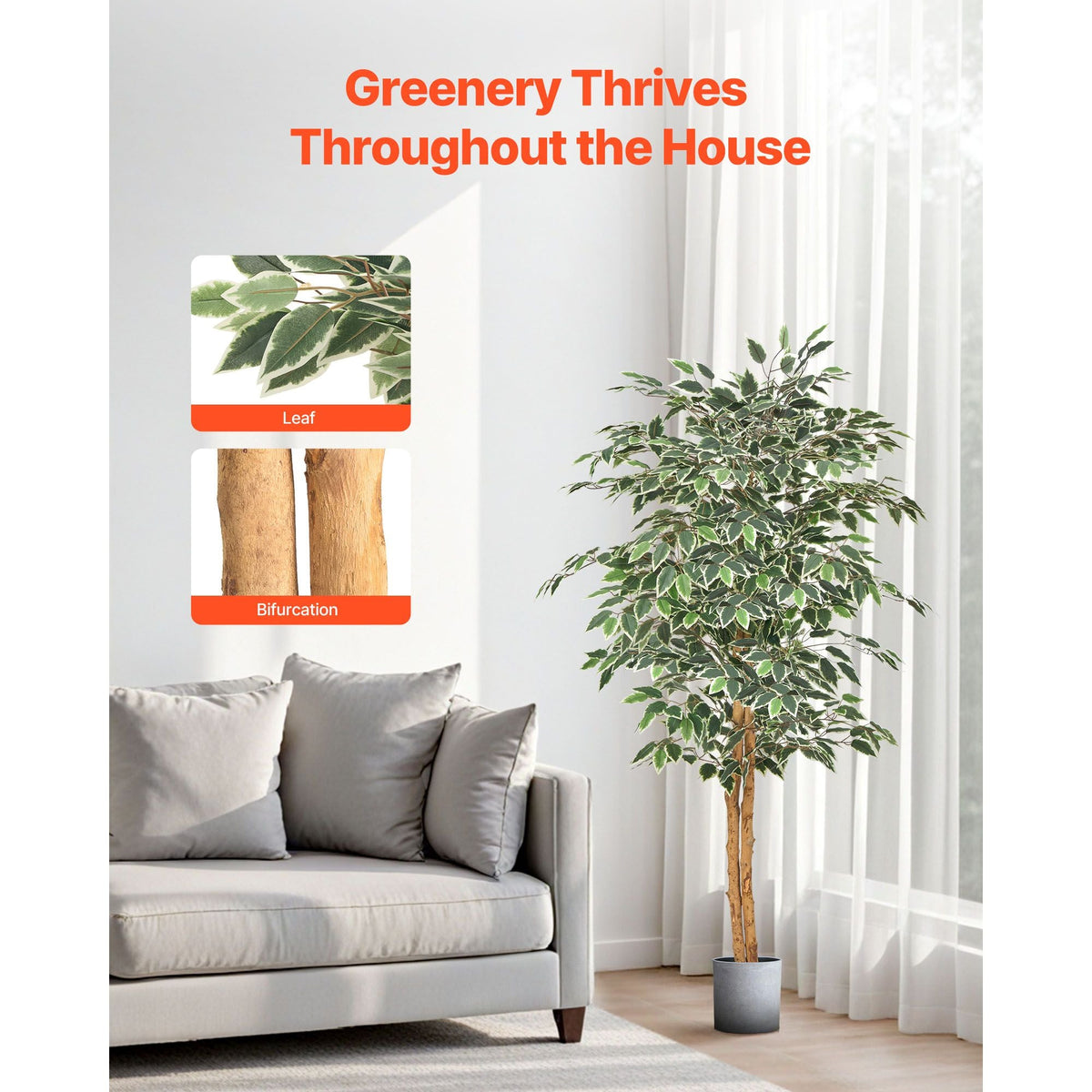 5FT Artificial Ficus Tree with Black Pot, Tall Faux Ficus Plant with Natural Wood Trunk and Realistic Green Leaves, Indoor Fake Silk Tree for Home, Office, Living Room, or Corner Décor