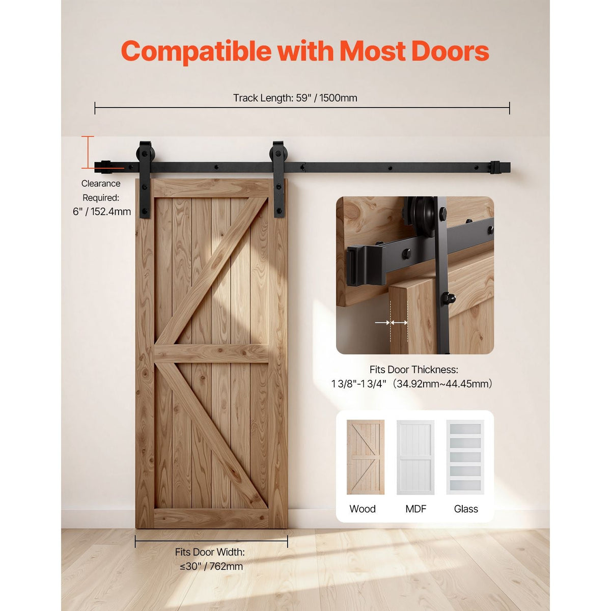 5FT Sliding Barn Door Hardware Kit, 330 LBS Weight Capacity, Compatible with 30 Inches Max Width & 1-3/8 to 1-3/4 Inches Thickness Single Sliding Barn Door, Durable Track & J-shape Roller,Black