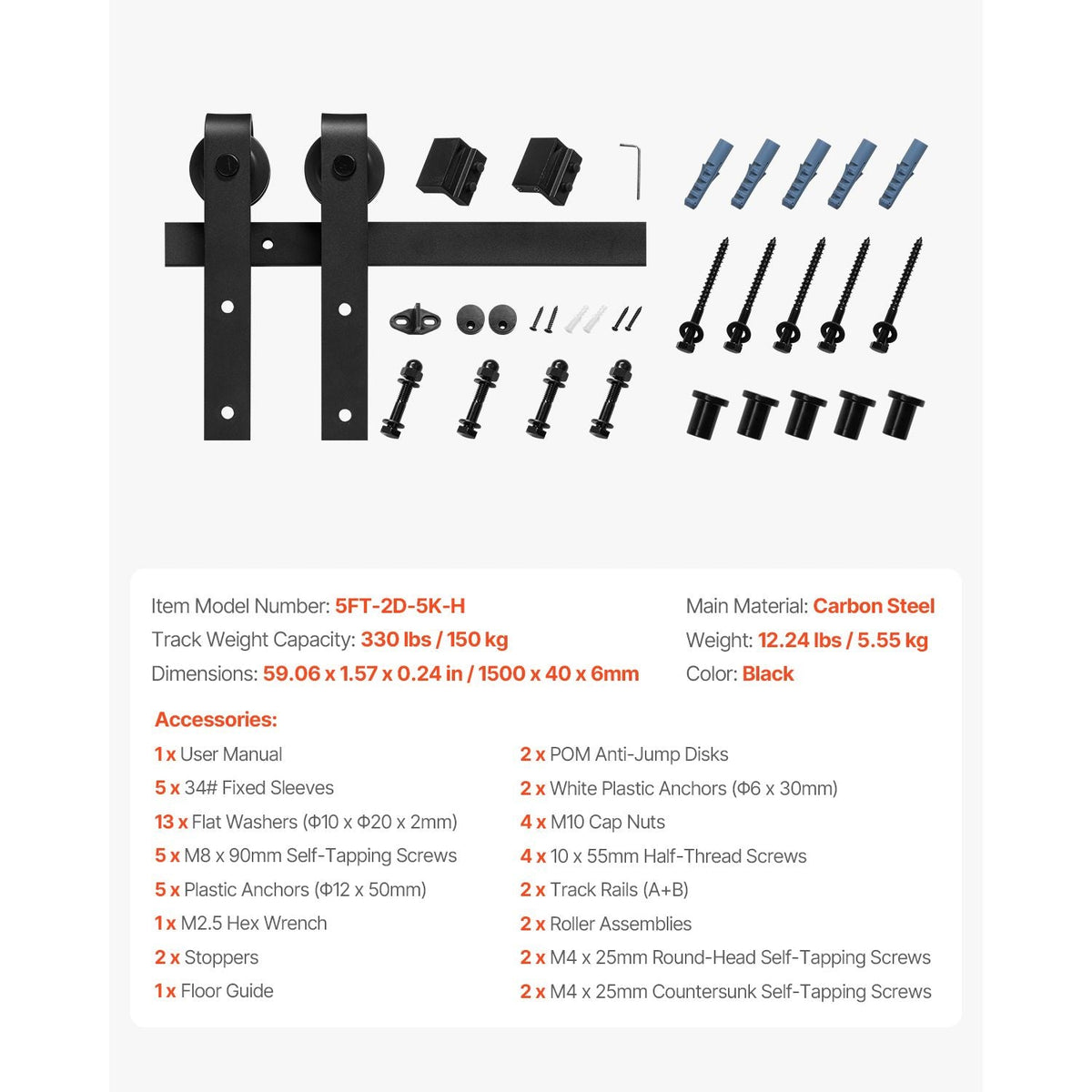 5FT Sliding Barn Door Hardware Kit, 330 LBS Weight Capacity, Compatible with 30 Inches Max Width & 1-3/8 to 1-3/4 Inches Thickness Single Sliding Barn Door, Durable Track & J-shape Roller,Black