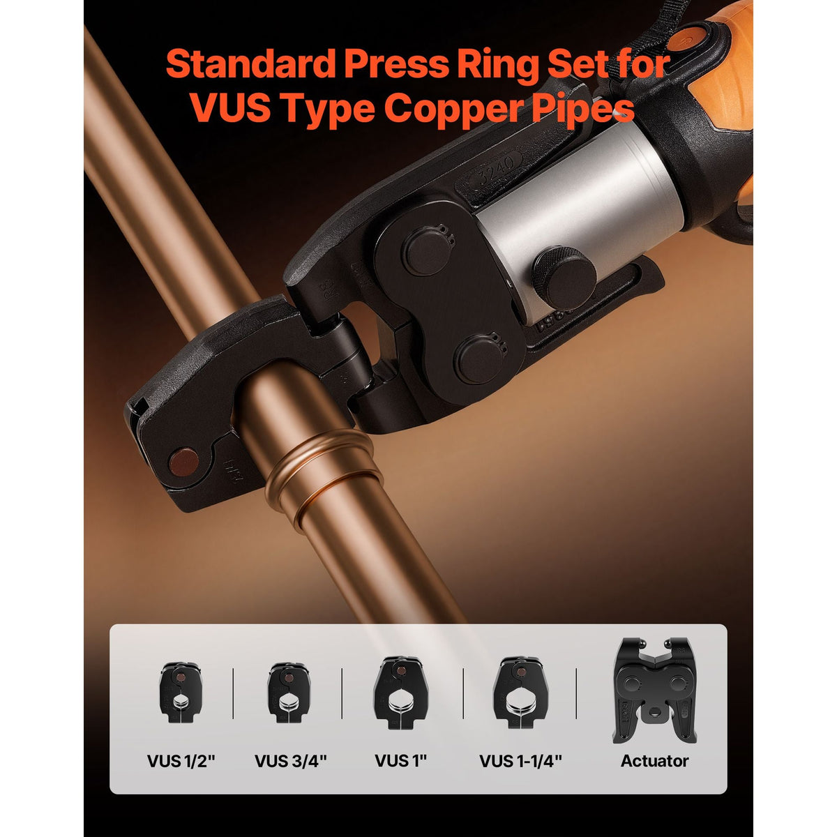 5PCS ProPress Pressing Kit for Standard Series Press Tools, 4PCS Press Rings (1/2", 3/4", 1", 1-1/4") & R8 Actuator for ProPress Copper Pipes, Compatible with 32KN Press Tools for 180° Operation