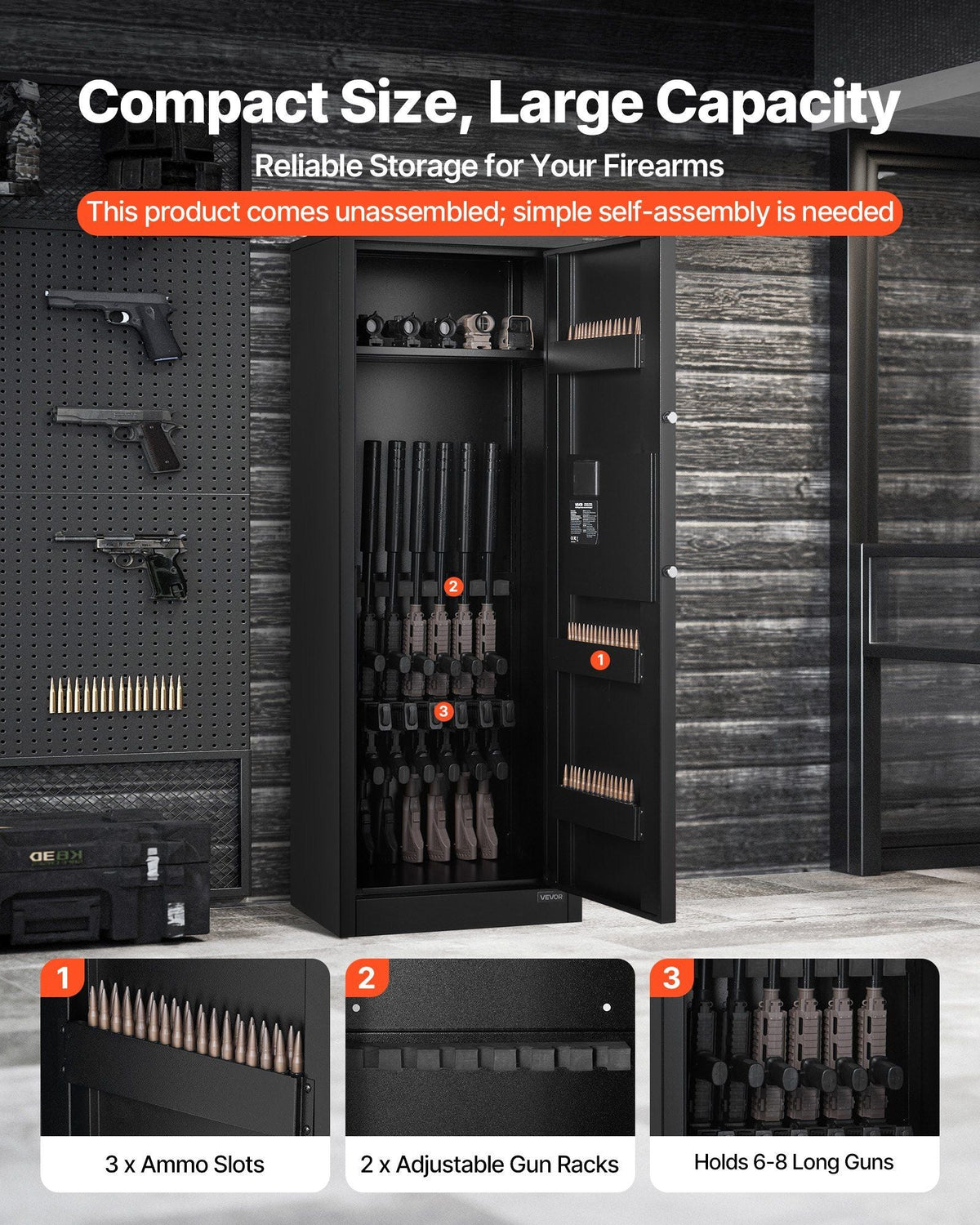 6-8 Gun Safe, Long Gun Cabinet for Rifles and Pistols, Quick Access Rifle Safe with 3 Ammo Slots and 2 Adjustable Racks, Large Digital Cabinet with Key and Password Lock