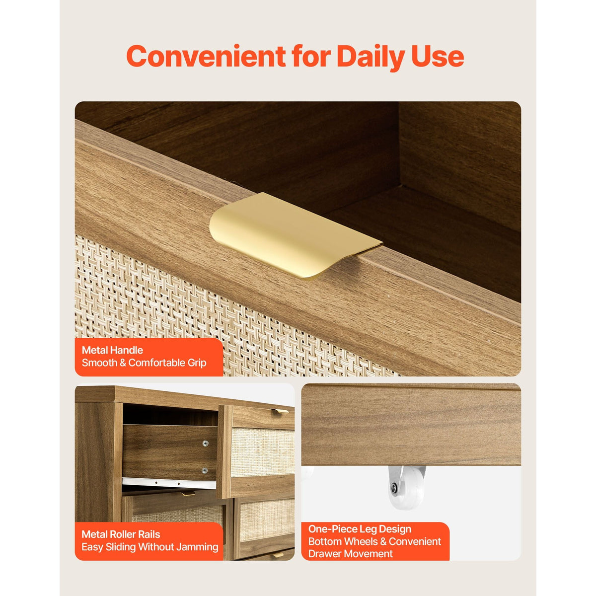 6 Drawer Rattan Dresser, Double Dresser for Bedroom, Natural Rattan Chest of Drawer with Metal Handle, Modern Wood Chest Clothing Organizer & Storage for Bedroom, Living Room, Hallway, Walnut