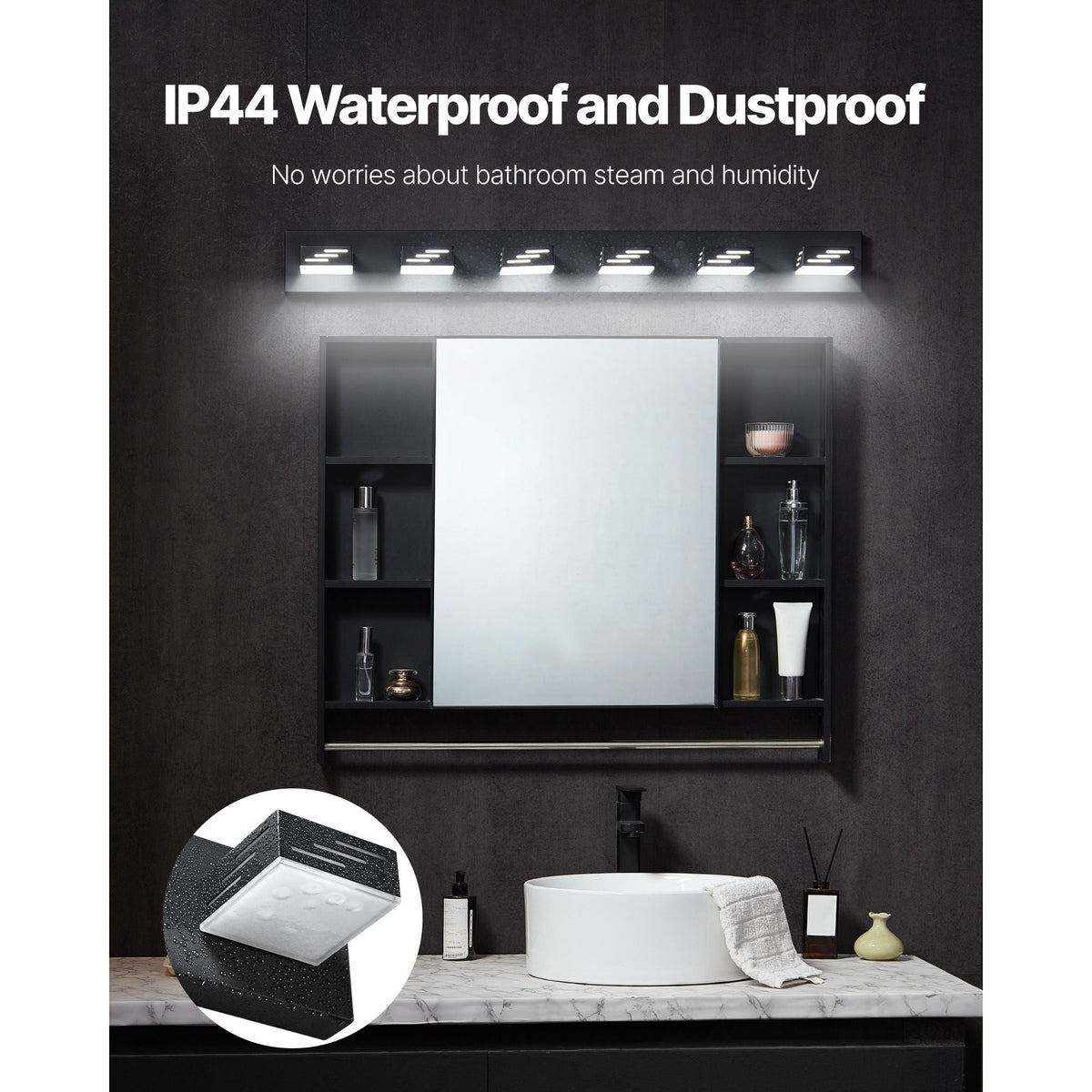 6-Light LED Modern Vanity Light Fixtures, 40.35-Inch, Black Finish Bathroom Wall Lighting Fixture Over Mirror, with IP44 Waterproof, for Bathroom, Living Room, Bedroom, Hallway, Cool White 6000K