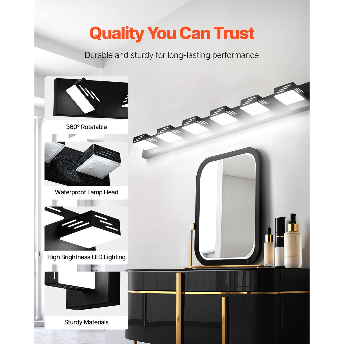 6-Light LED Modern Vanity Light Fixtures, 40.35-Inch, Black Finish Bathroom Wall Lighting Fixture Over Mirror, with IP44 Waterproof, for Bathroom, Living Room, Bedroom, Hallway, Cool White 6000K