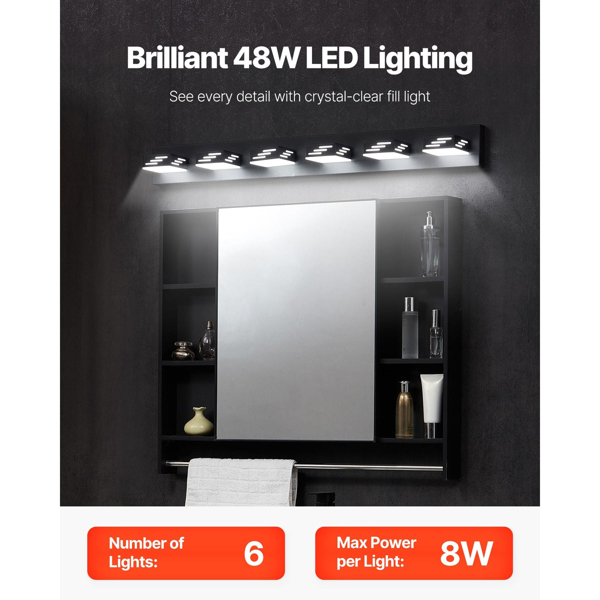 6-Light LED Modern Vanity Light Fixtures, 40.35-Inch, Black Finish Bathroom Wall Lighting Fixture Over Mirror, with IP44 Waterproof, for Bathroom, Living Room, Bedroom, Hallway, Cool White 6000K