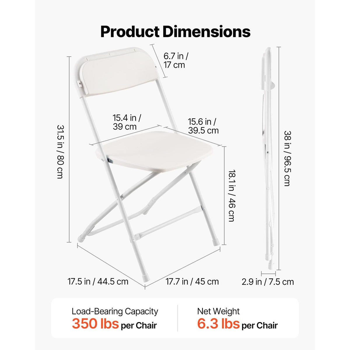 6 Pack Folding Chairs, Foldable Plastic Chairs with Heavy Duty Metal Frame, Portable Folding Card Table Chairs, Stackable Indoor Outdoor Seats for Home, Yard, Garden, Parties, Events, White