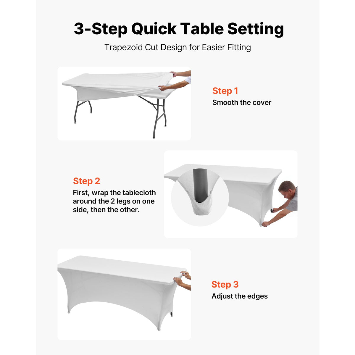 6 Pack Table Cloth for 8FT Rectangular Fitted Events, Wrinkle-Resistant Stretch White Table Covers, Washable Spandex Tablecloth Protector, for Party, Wedding, Cocktail, Banquet, Festival