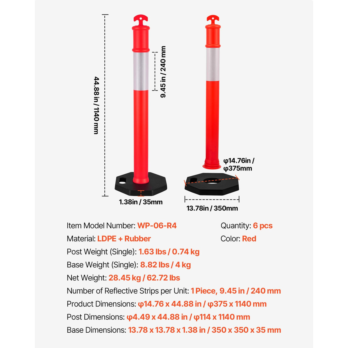 6 Pack Traffic Delineator Posts, 48 inches Traffic Safety Cones with Weighted Base and Reflective Strips, Heavy Duty Delineator Posts for Construction Site, Parking Lot, Crowd Control, Red