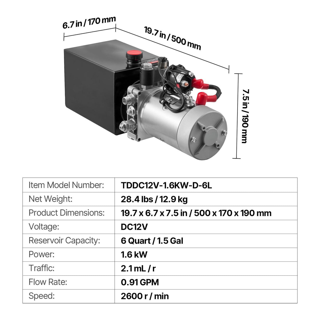 6 Quart Hydraulic Power Unit, Single Acting Dump Trailer Pump, 3200 PSI Max Relief Pressure & 0.91 GPM Flow Rate, DC 12V Hydraulic Pump with Metal Reservoir for Dump Trailer Car Lifting, Black