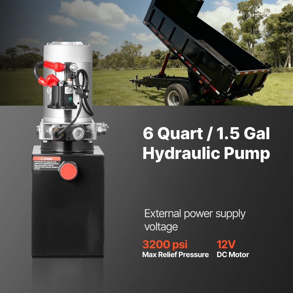 6 Quart Hydraulic Power Unit, Single Acting Dump Trailer Pump, 3200 PSI Max Relief Pressure & 0.91 GPM Flow Rate, DC 12V Hydraulic Pump with Metal Reservoir for Dump Trailer Car Lifting, Black