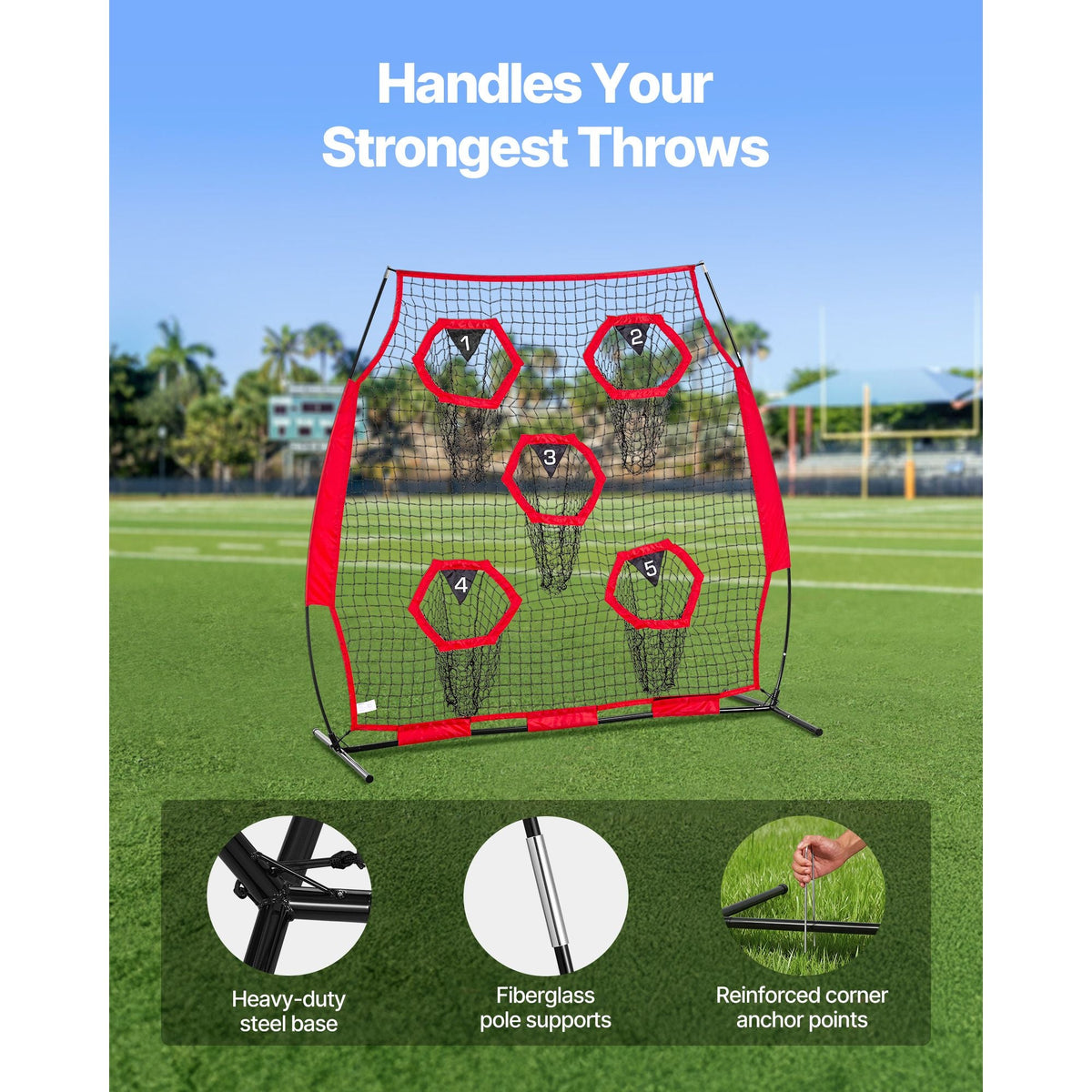 6 x 6 ft Football Trainer Throwing Net, Training Throwing Target Practice Net with 5 Target Pockets, Knotless Net Includes Straps and Portable Carry Case, Improve QB Throwing Accuracy, Red