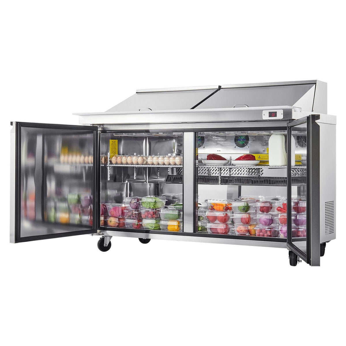 60"W Commercial Refrigerator, 15.4 Cu. Ft Sandwich Prep Refrigerated Table, Mega Top Food Prep Fridge with 24 Pans and Cutting Board, Stainless Steel Salad Prep Cooler for Restaurant, Food Truck