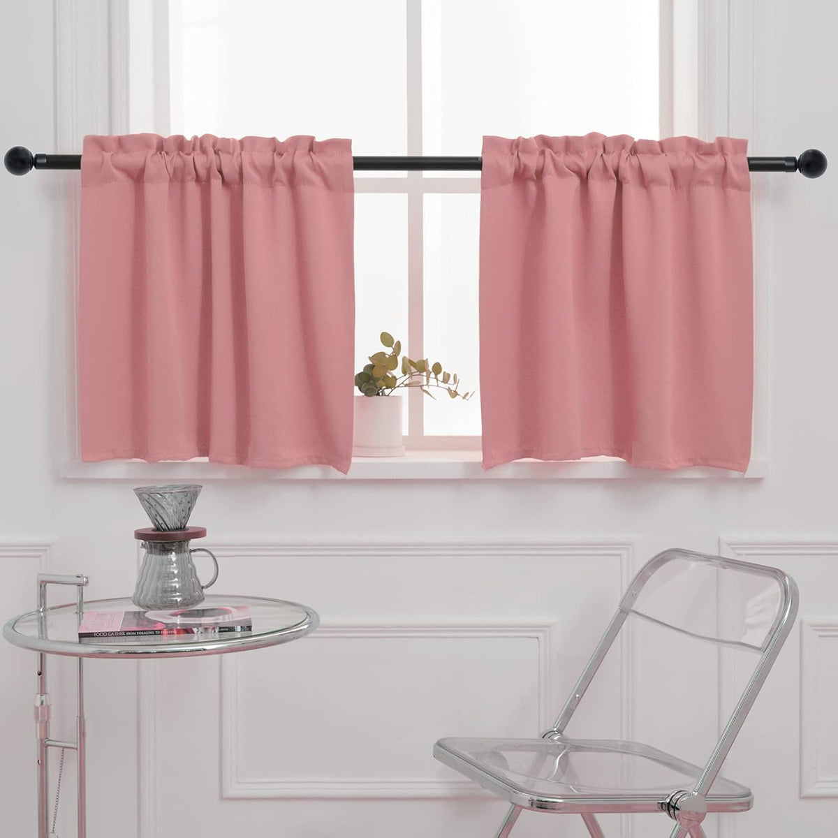 Pickluc Rod Pocket Tier Curtain - Half Blackout Curtain for Kitchen, Bathroom, Cabinet, Basement, 42 Inches Wide and 24 Inches Long, Powder Pink, 2 Panels