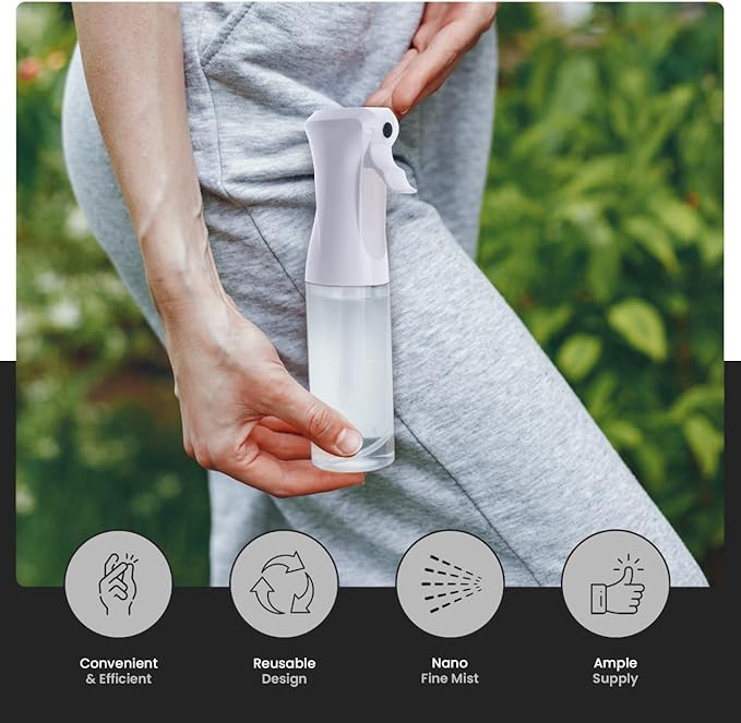 VIGOR PATH Continuous Spray Bottle - Ultra Fine Mist Water Sprayer for Hair, Home Cleaning, Plants, Salons - 200ml / 6.7oz Empty Spray Bottle (Clear)