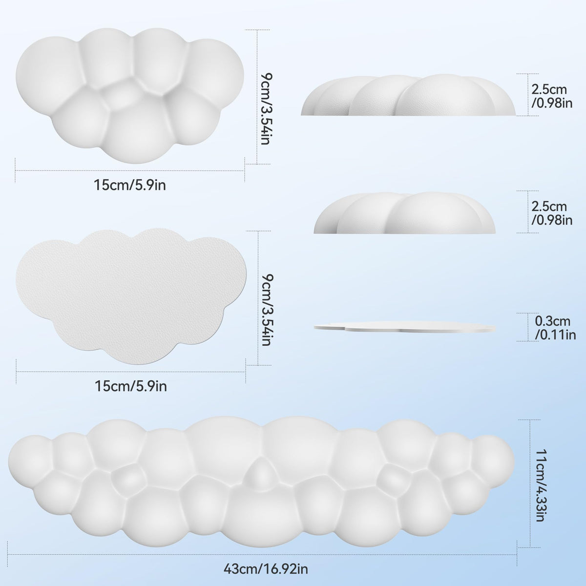 TECKNET Cloud Keyboard Wrist Rest Set, Cloud Wrist Rest with Non-Slip Base, PU Leather Wrist Pad for Keyboard with Ergonomic Memory Foam for Computer Laptop, Office, Gaming, White