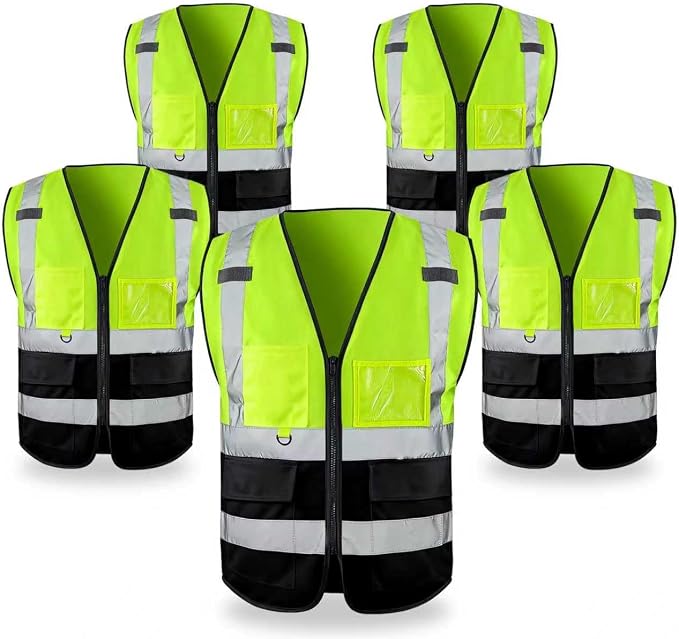 FATONE Hi Vis Safety Vest for Men with Reflective Strips, Class 2 High Visibility Vest with Pockets for Construction, Traffic, Warehouse, Security, Volunteer, 5 Pack Black Bottom Yellow, 2XL