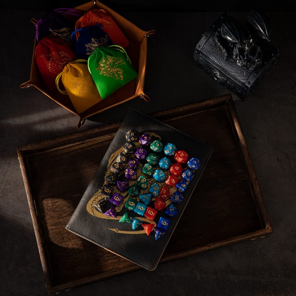 DND Dice Set 42 Pcs Polyhedral Dungeons and Dragons Rolling Dice for D&D RPG MTG Table Games Dice Bulk with Colorful Drawstring Bags and Dice Tray (Single)