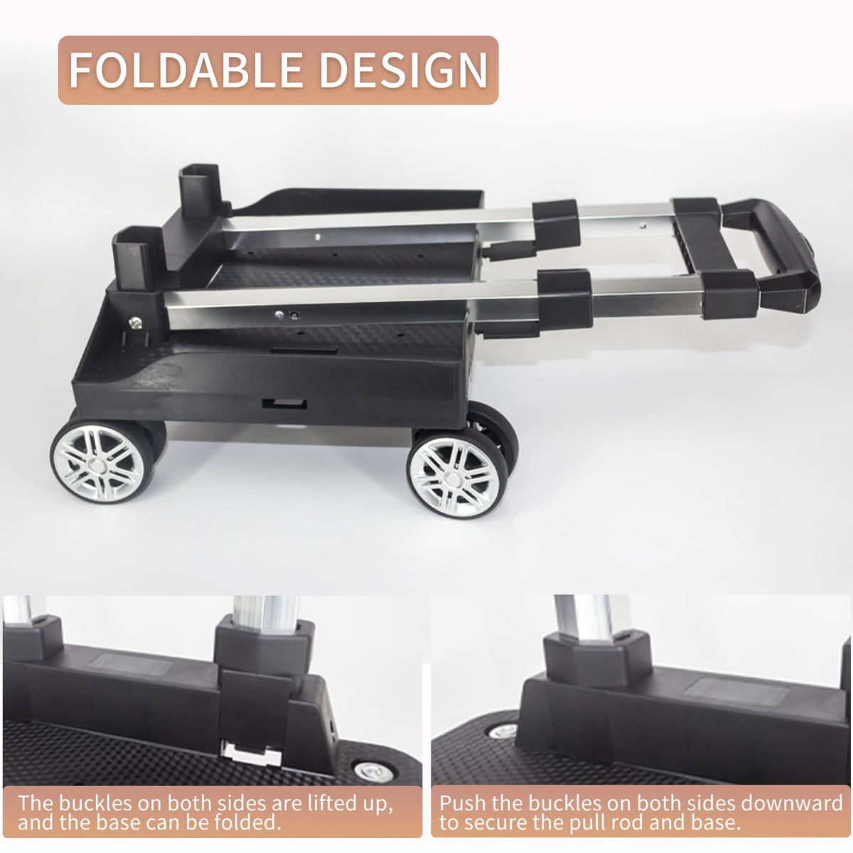 Backpack Trolley Wheeled Cart, Foldable Aluminium Alloy Hand Truck with Edge Guard Base, 4 Spinner Wheels, Luggage Cart with Luggage Strap for Teenagers, Adults, School,Luggage Trolley for Travel