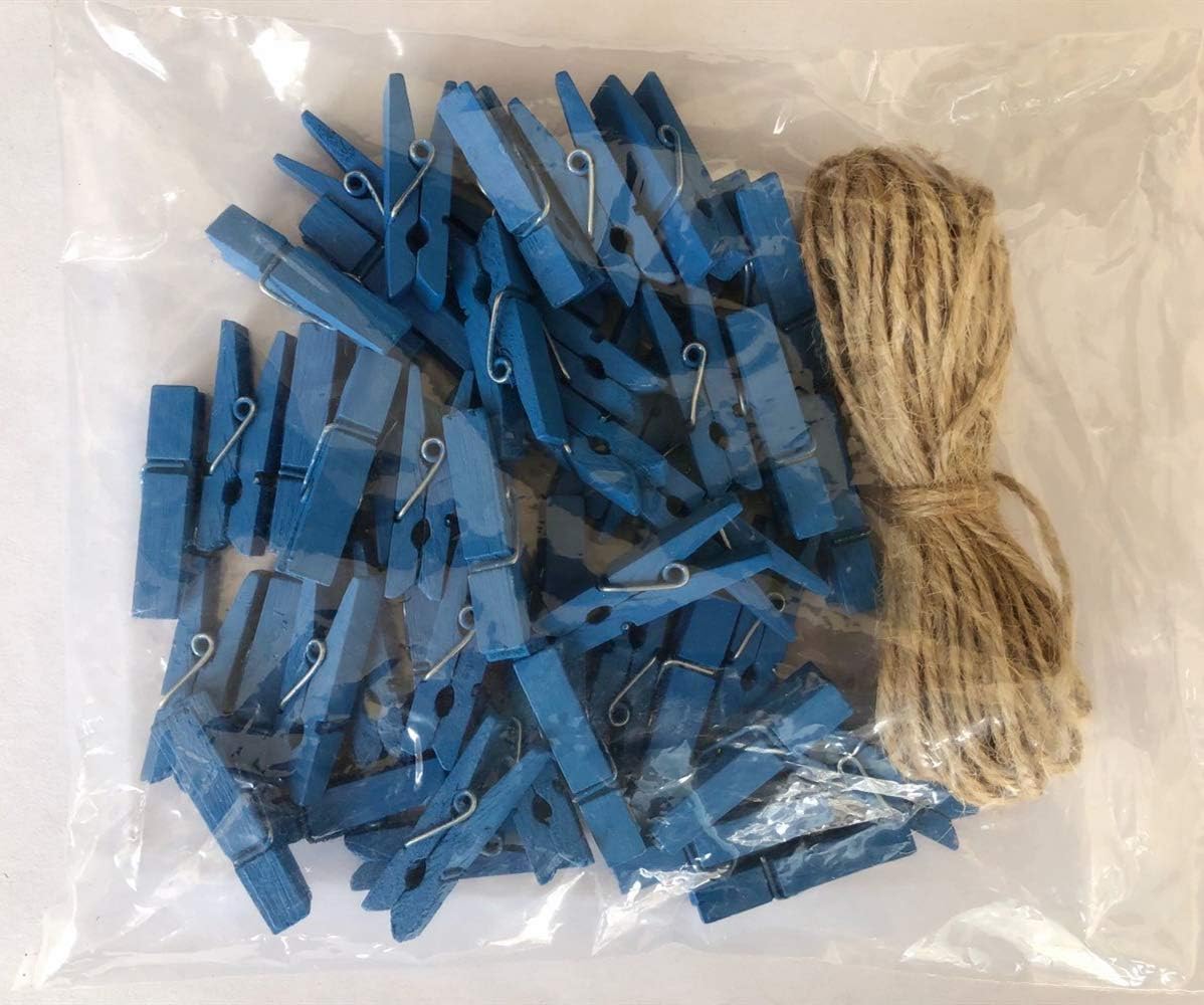 DurReus Wood Clothes Pins for Crafts Party Decor Small Clips Hold Card with Jute Twine Dark Blue Pack 50