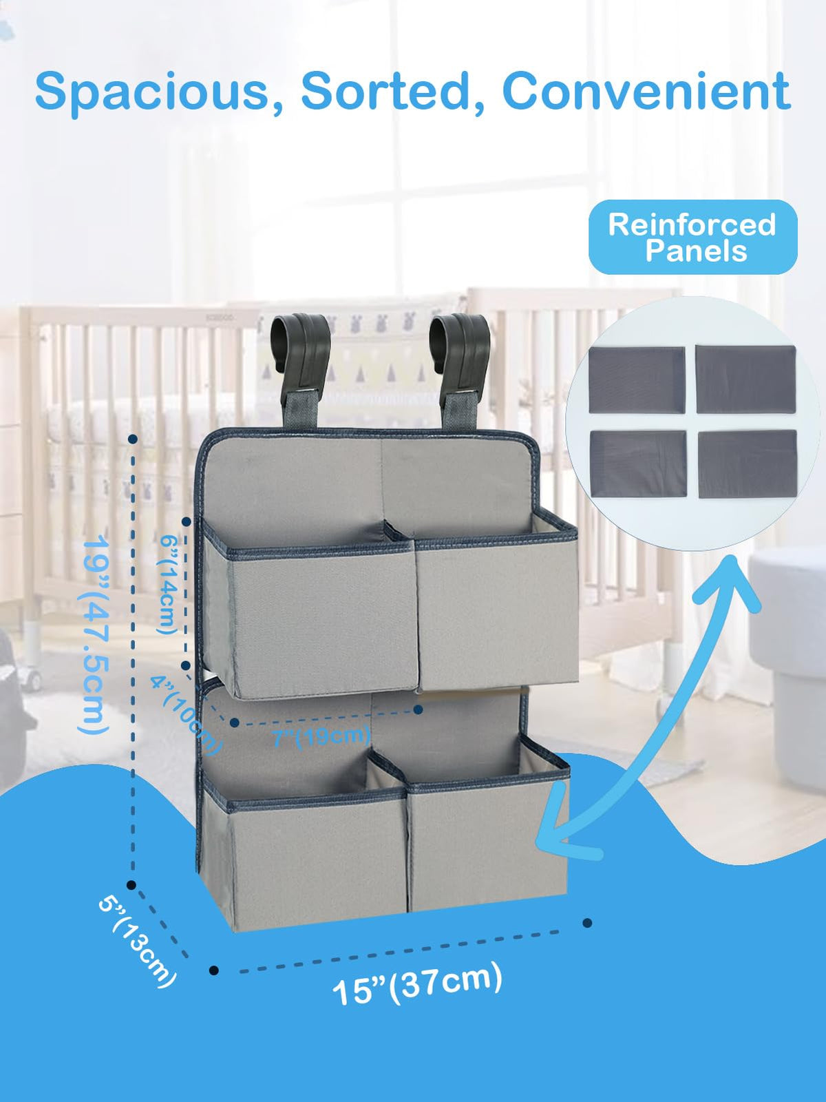KIKJOK Hanging Diaper Organizer for Crib/Playpen/Bassinet – Hold 80+ Diapers - 4 Deep Pockets-H19in x L15 in Changing Table Diaper Holder - Hanging Diaper Stacker Nursery Caddy Organizer - Grey