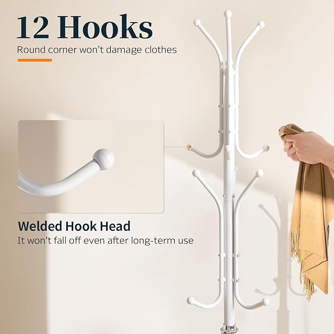 Yoobure Metal Coat Rack Freestanding with Marble Base, Coat Tree with 12 Hooks & Umbrella Holder, Coat Hanger Stand for Corner Entryway Bedroom Office, Heavy Duty Coat Rack Stand for Clothes Hats Bags