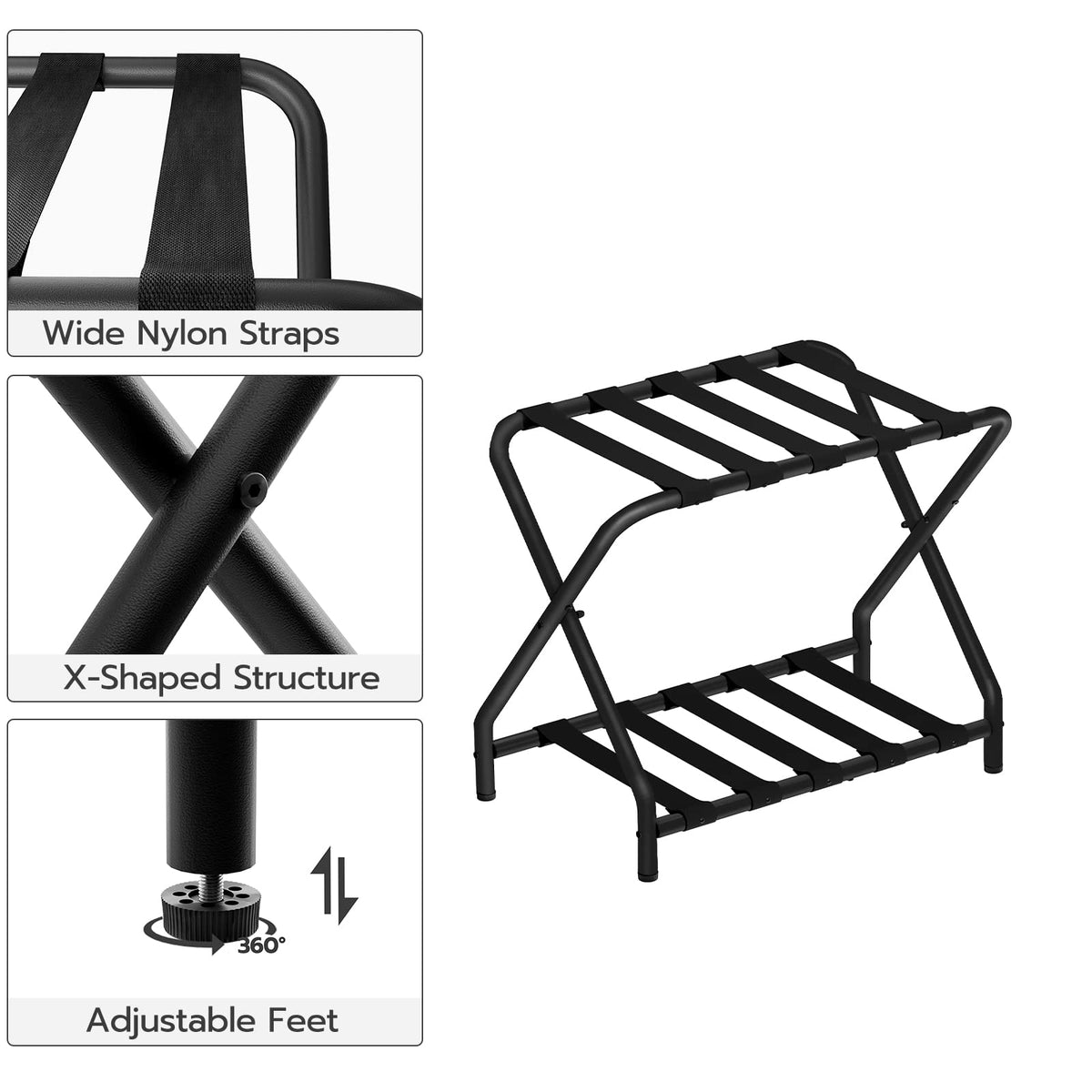 HOOBRO Luggage Rack, Folding Suitcase Stand with Fabric Storage Shelf for Guest Room, Bedroom, Hotel, Holds up to 100 lb, 27 x 15.3 x 22 Inches, Space Saving, Black BK04XL01