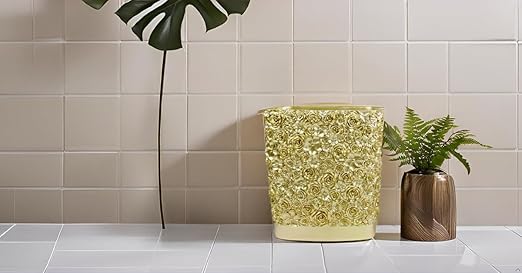 Hymmah Bathroom Trash Can 1.8 Gallon(7 Liter) Small Kitchen Garbage Can,Decor Wastebasket for Bedroom Office,Resin Hand-Carved Rose Flower Gold
