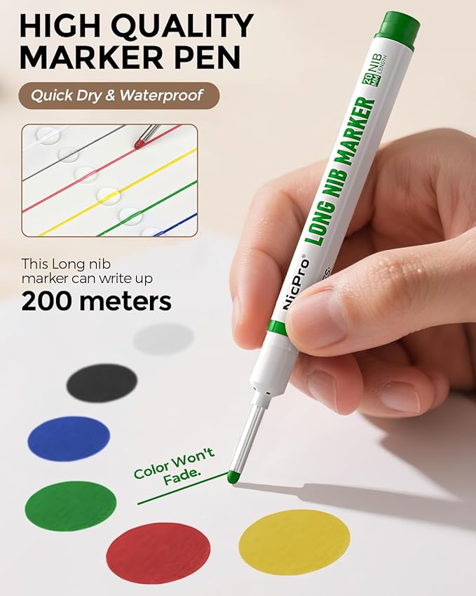 Nicpro 6 PCS Long Nib Marker Pens, 20mm Deep Hole Marker, Quick Dry & Waterproof Construction Markers, Long Head Markers for Metal, Steel, Tile, Glass, Carpenter Marking Pen for Woodworking (Colorful)
