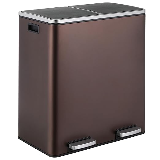 16 Gallon Rectangular Stainless Steel Trash Can, Dual Compartment Garbage Bin with Recycling Combo, Metal Dustbin Lid, Removable Liner, Indoor Hands Free Waste Bucket for Kitchen Home