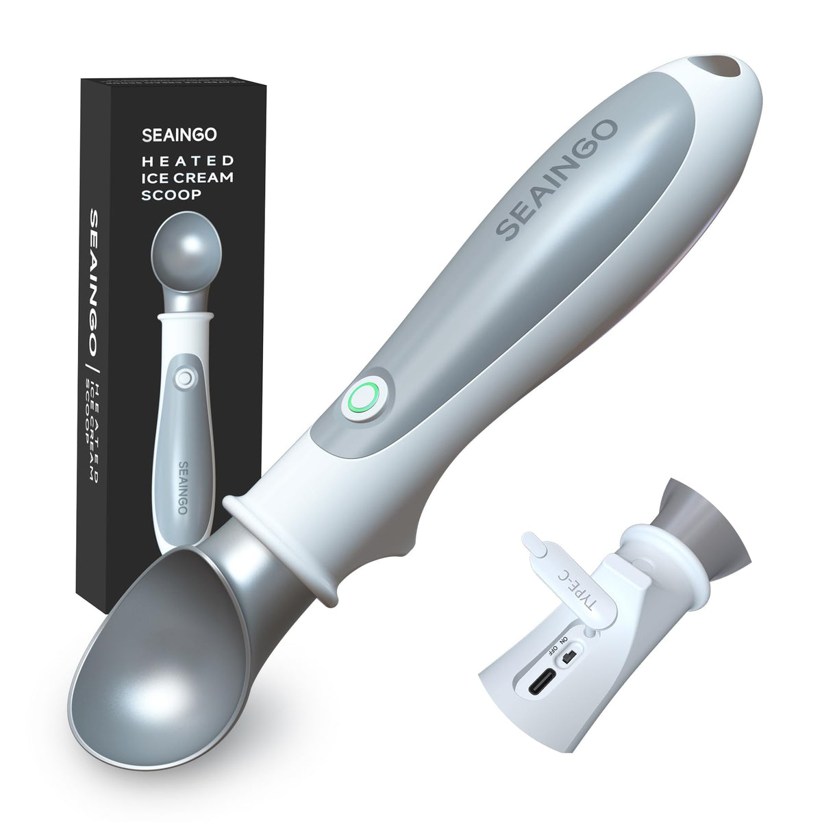 SEAINGO Heated Ice Cream Scoop - Rechargeable, ON/OFF Safety Lock Switch, Two Warming Modes, Ergonomic Handle, Electric Kitchen Tool Nonstick Scooper for Gelato, Frozen Yogurt, Sorbet & More