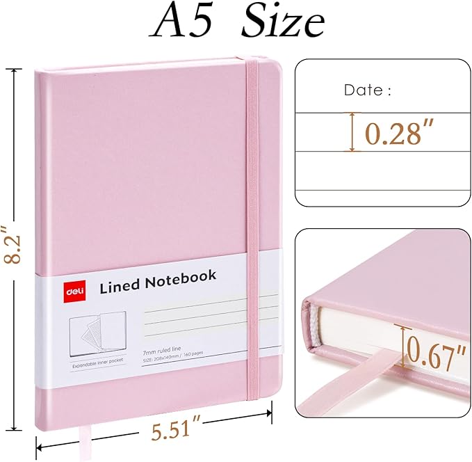 deli A5 Lined Journal Notebook, 160 Pages Hardcover Writing Notebook, 5.5"x8.2" College Ruled Notebook for Office, School, Work Notes (Pink)