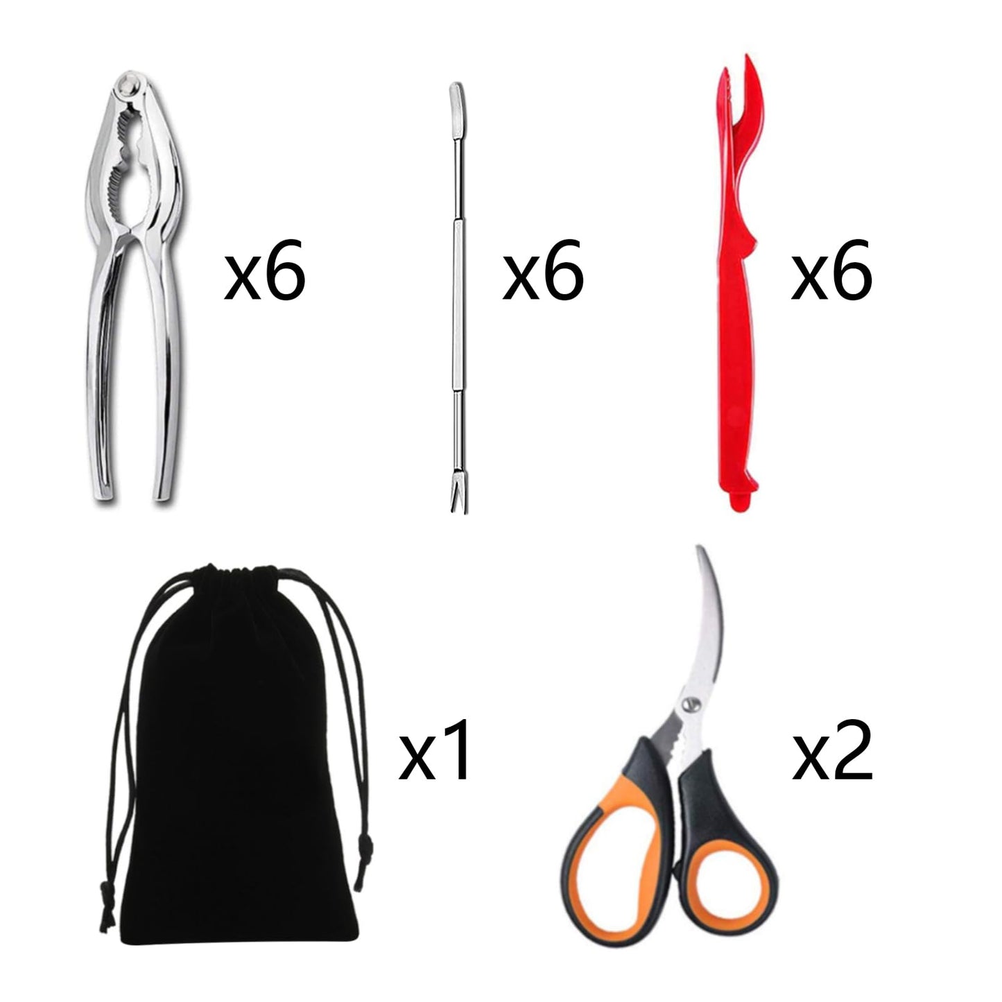Artcome 21 Piece Seafood Tools Set - 6 Crab Crackers, 6 Lobster Shellers, 6 Crab Forks, 2 Seafood Scissors and 1 Storage Bag